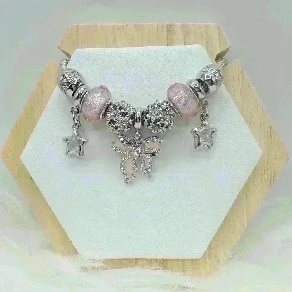 Cute Silvery and Pink Bow Charm Bracelet With Rhinestone